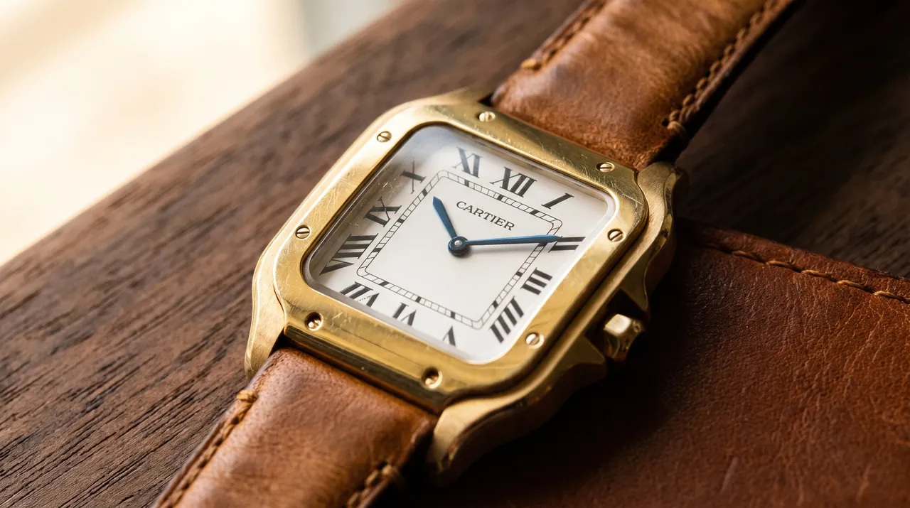 Macro view of a gold watch with a square case and white Roman-numeral dial on a cognac leather strap