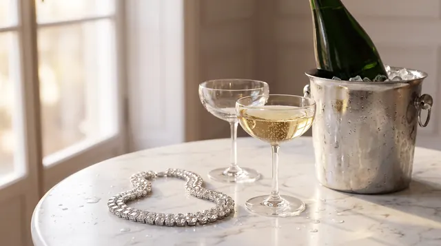 A diamond necklace and champagne coupes on a marble table in morning light