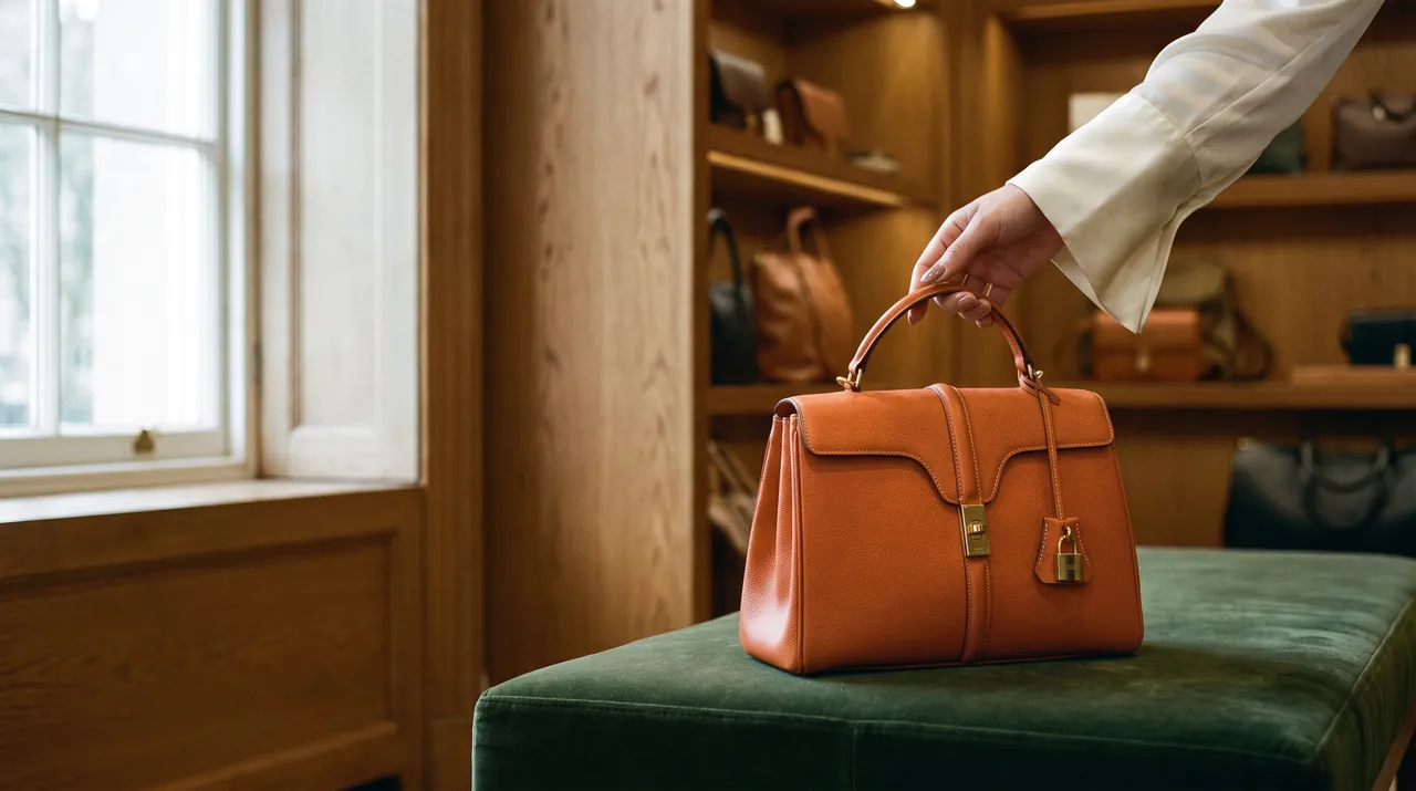 An orange leather handbag on a green velvet bench in an oak-panelled boutique