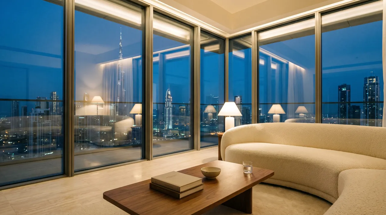 A penthouse living room above Dubai at blue hour
