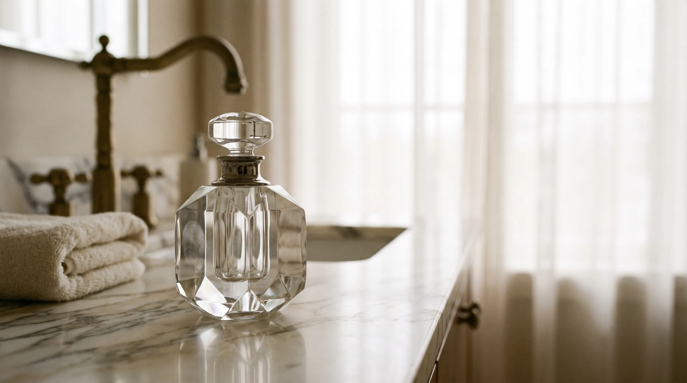 Close-up detail from Marble & Glass: a faceted crystal perfume bottle on a white marble vanity, with a brass tap, folded towels and sheer curtains behind it