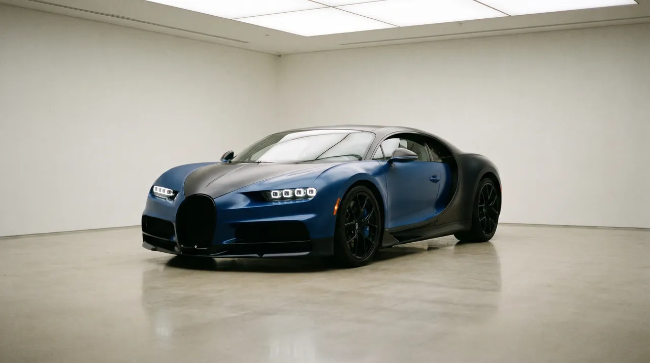 A blue and black hypercar in a white gallery garage under an overhead light panel