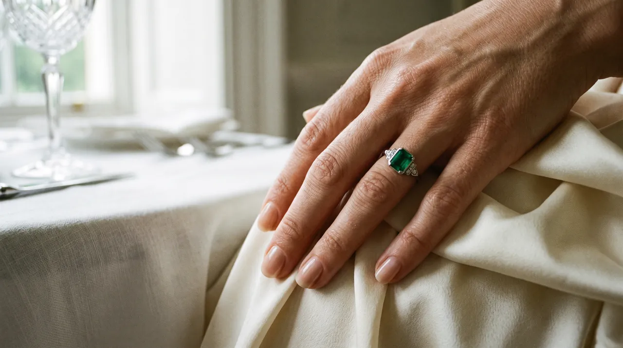 A hand wearing an emerald ring on cream silk beside a dinner table