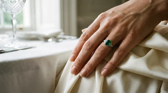 A hand wearing an emerald ring on cream silk beside a dinner table
