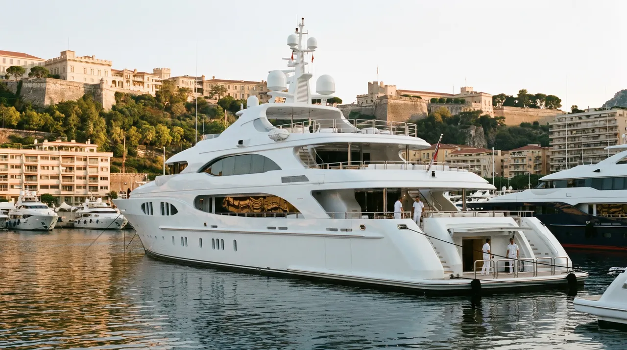 A white superyacht moored in Port Hercule, Monaco, at golden hour, with the palace on the Rock behind it