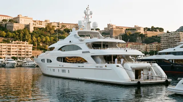 A white superyacht moored in Port Hercule, Monaco, at golden hour