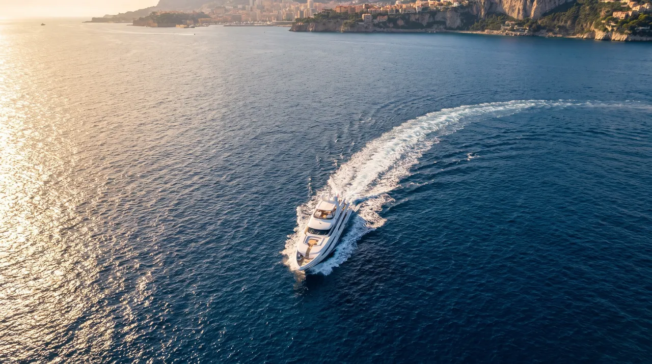 Aerial view of a superyacht carving a white wake across deep blue water off Monaco