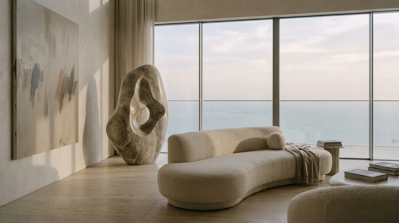 A double-height travertine penthouse with a curved cream sofa and a wide view of the sea