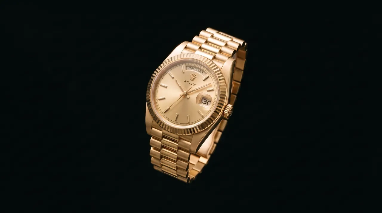 A gold wristwatch with a fluted bezel and gold bracelet on a black background